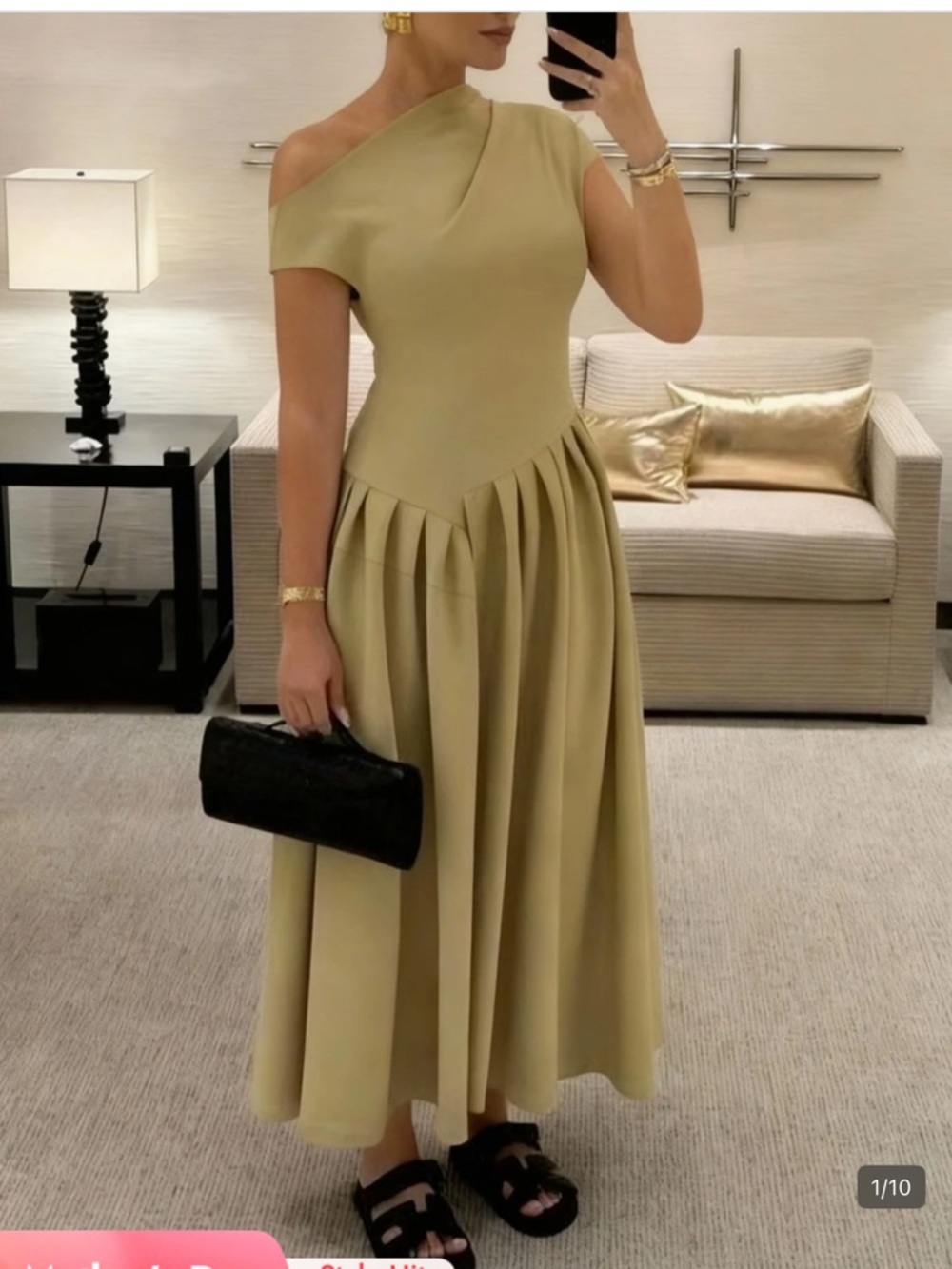 Elegant Olive Green Midi Pleated Skirt Dress